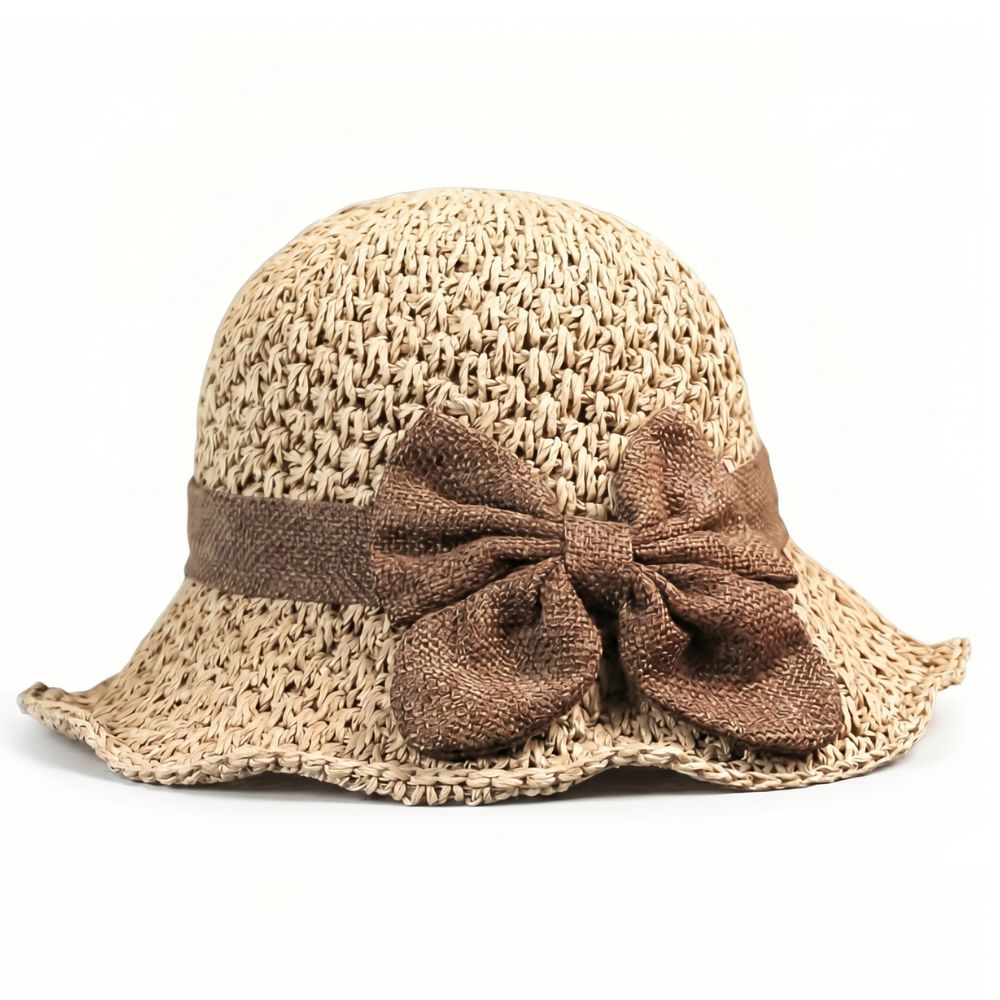 Beige foldable wide-brim straw sun hat with hand-tied bow