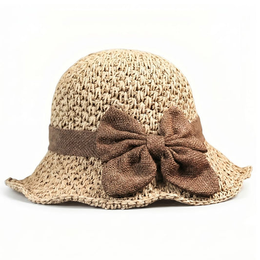 Beige foldable wide-brim straw sun hat with hand-tied bow