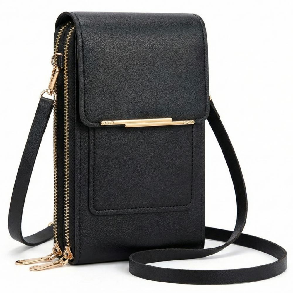 Black crossbody phone bag with clear touch-screen window