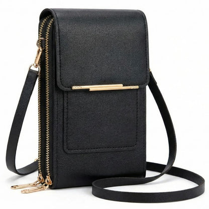 Black crossbody phone bag with clear touch-screen window