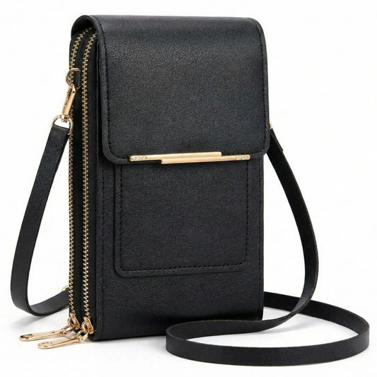Black crossbody phone bag with clear touch-screen window