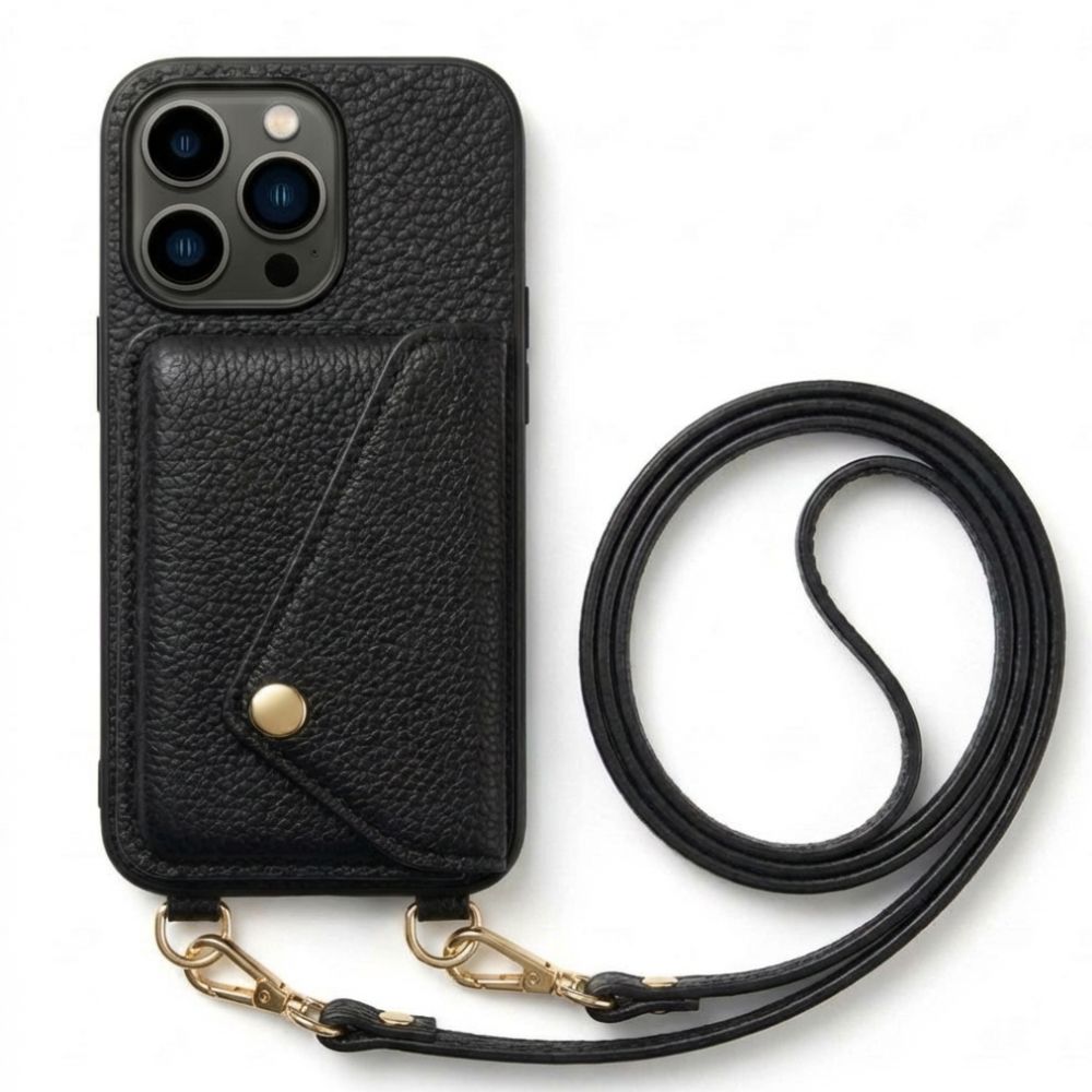 Black crossbody phone case with wallet and detachable strap