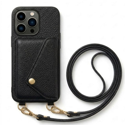 Black crossbody phone case with wallet and detachable strap