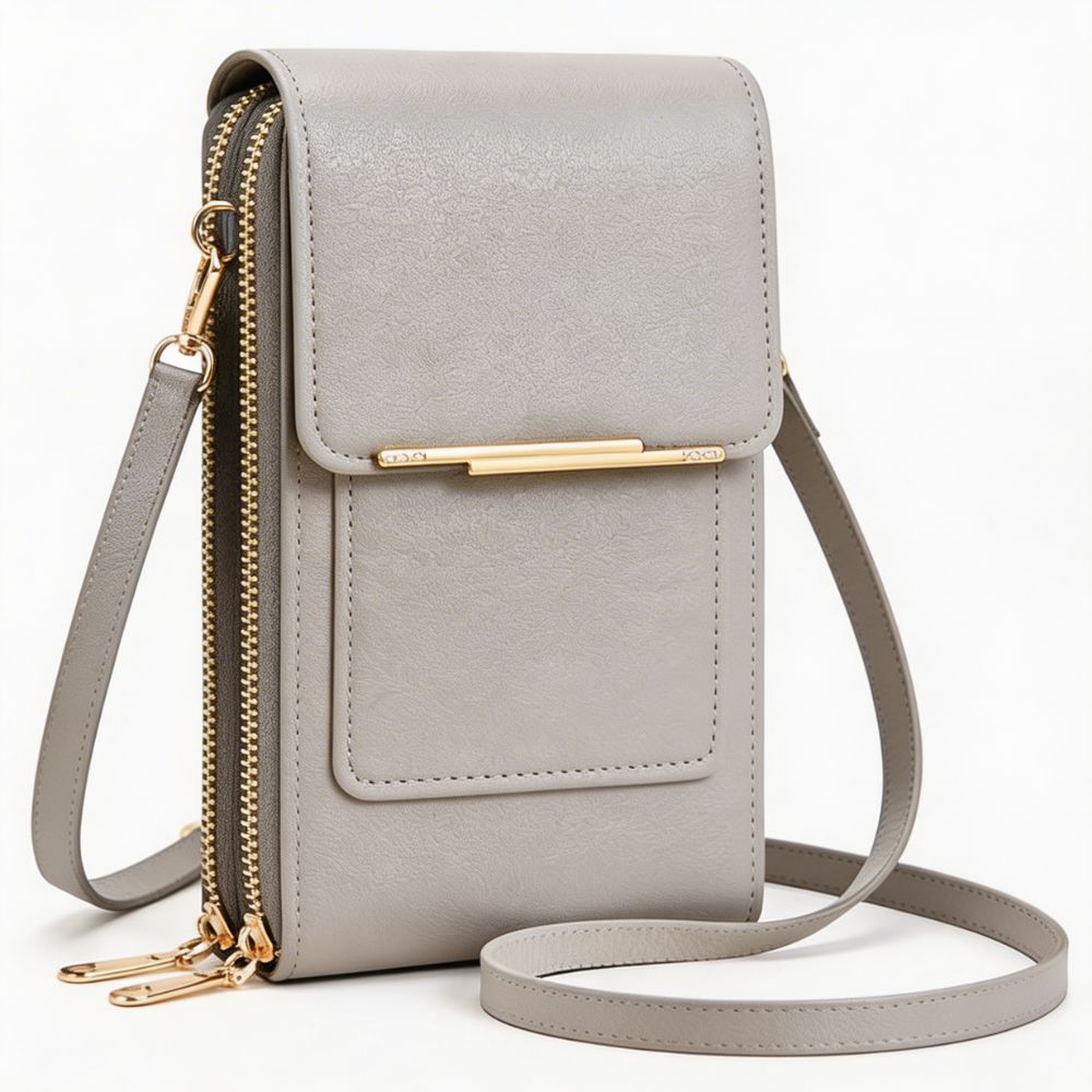 Grey cell phone purse with adjustable crossbody strap