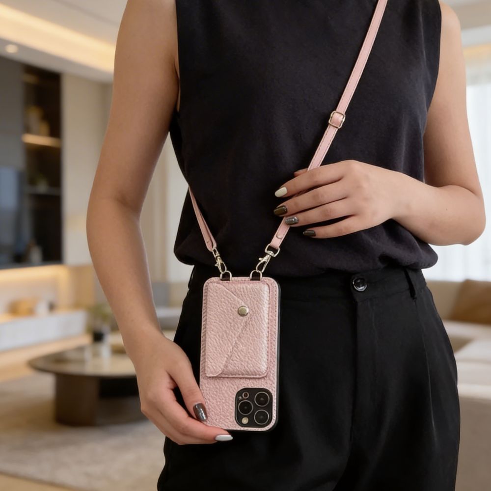 Leather crossbody phone case for women worn across the body
