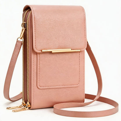 Light pink crossbody phone bag with touch-screen window