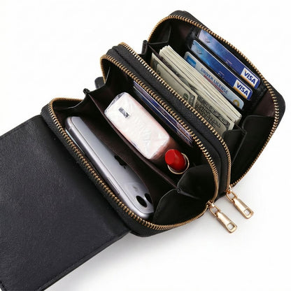 Open cell phone purse showing card slots and compartments