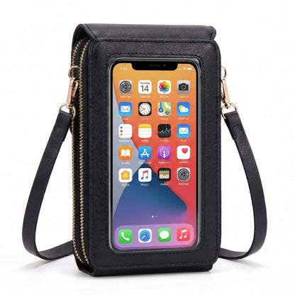Phone shown in touch-screen window of crossbody phone purse