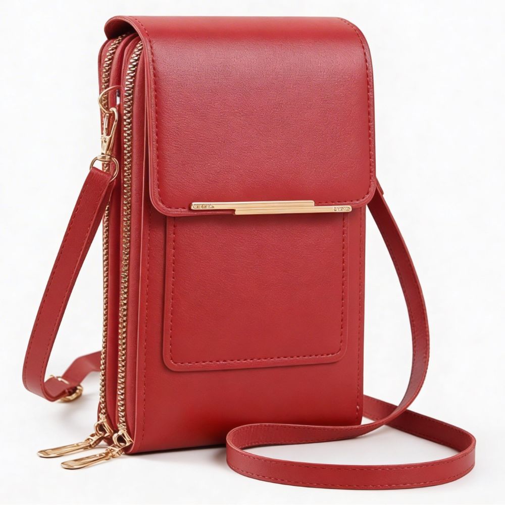 Red touch-screen crossbody phone bag for women