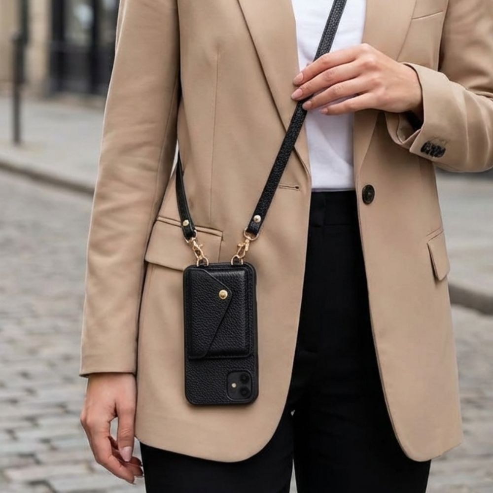 Woman wearing crossbody phone case hands-free over the shoulder